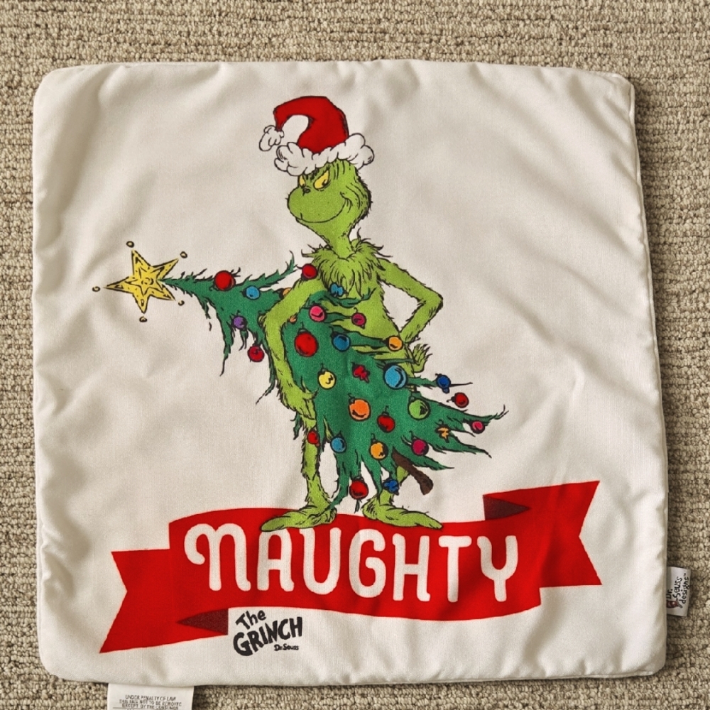 Pillow Cover Grinch Naughty Nice Dr. Seuss 20 In. GUC Christmas Merry Grinchmas